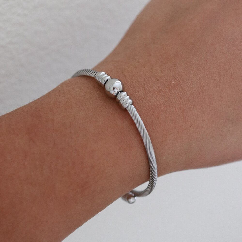 17cm Silver Stainless Steel Bead Twist Wrap Ring Adjustable Bangle Bracelet
